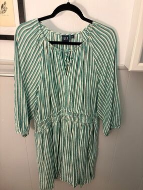 GAP Teal and White Striped Drawstring Mini Dress